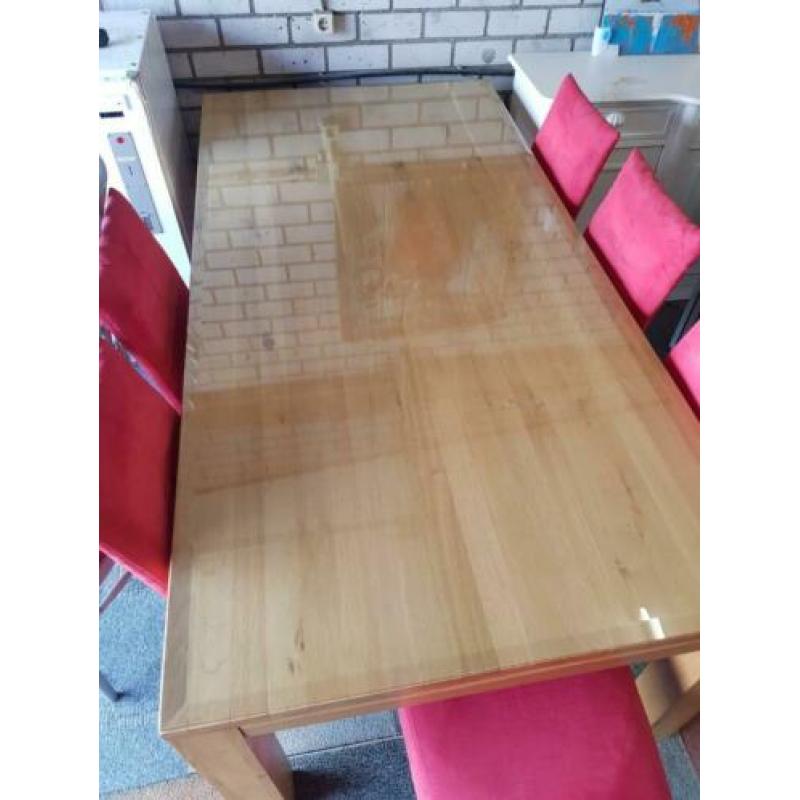 Blank eiken tafel met facetgeslepen glasplaat 200x100cm