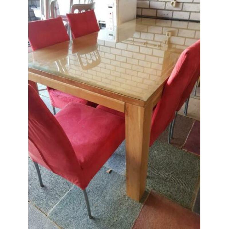 Blank eiken tafel met facetgeslepen glasplaat 200x100cm