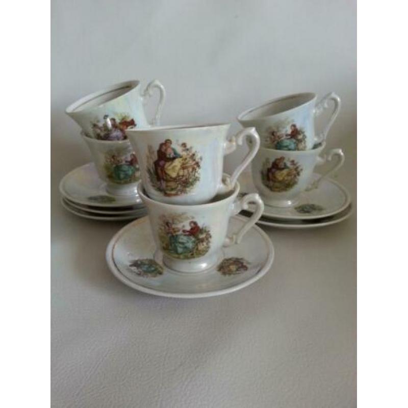Kop en schotels brocante romantische print parelmoer 6 stuks