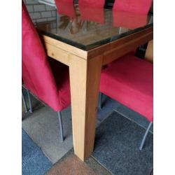 Blank eiken tafel met facetgeslepen glasplaat 200x100cm