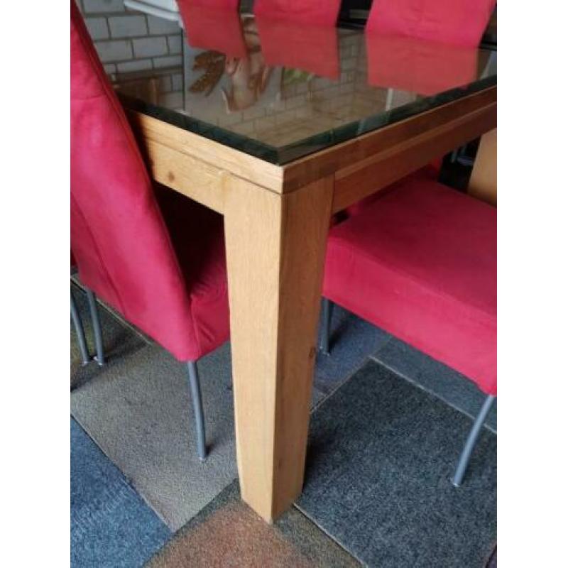 Blank eiken tafel met facetgeslepen glasplaat 200x100cm