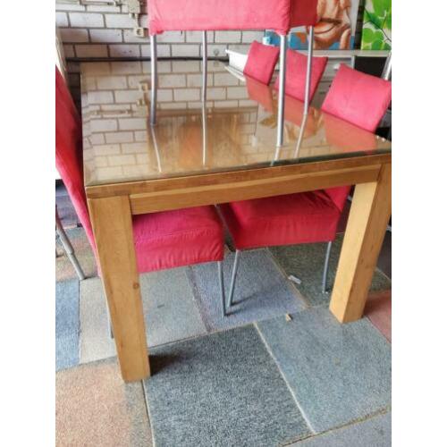 Blank eiken tafel met facetgeslepen glasplaat 200x100cm