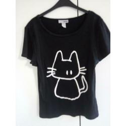 Katten shirt maat S, dames shirt, zwart, korte mouw