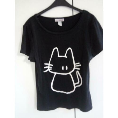 Katten shirt maat S, dames shirt, zwart, korte mouw