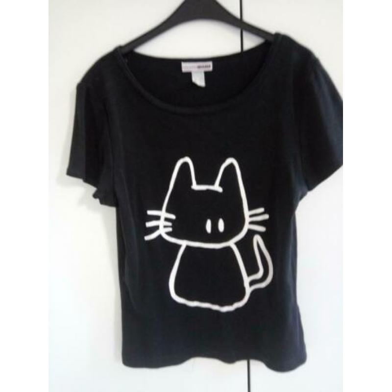 Katten shirt maat S, dames shirt, zwart, korte mouw