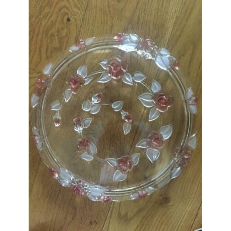 Brocante Franse Glazen Taart/Vla Schaal op Voet met Rozen