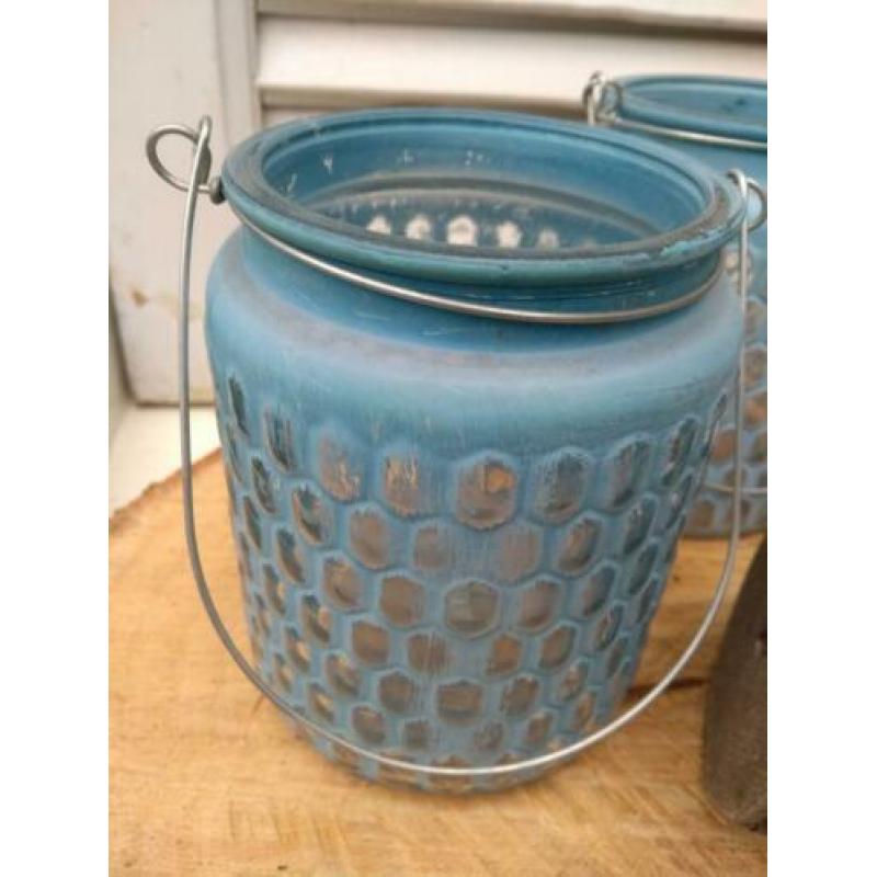 Set a 2 blauwe windlichten glas ijsblauw