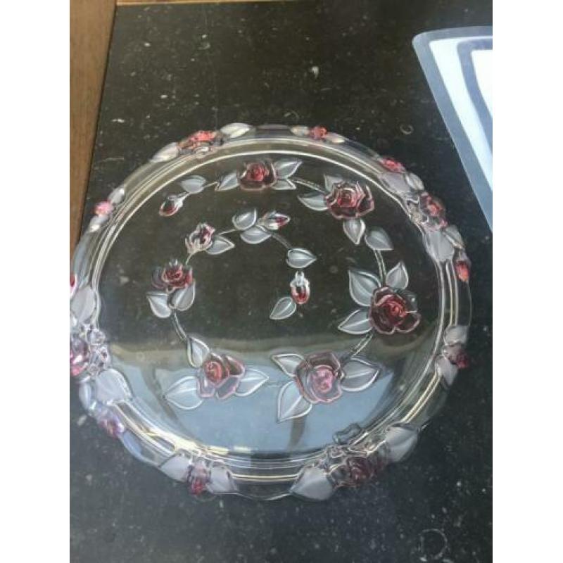 Brocante Franse Glazen Taart/Vla Schaal op Voet met Rozen