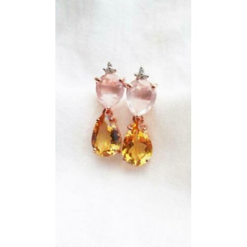 Roze goud 925 zilveren oorbellen met rozenkwarts en citrien