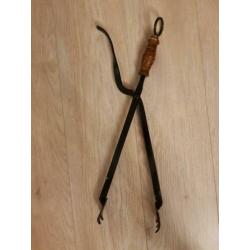 openhaardset gietijzer, zwart met hout, brocante