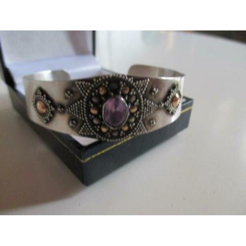Antieke Brede zilveren armband Amethist