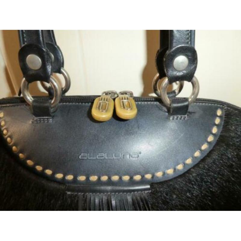 Alaluna zwarte vacht met leer bowler football franjes tas