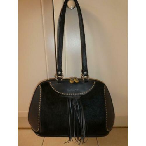 Alaluna zwarte vacht met leer bowler football franjes tas