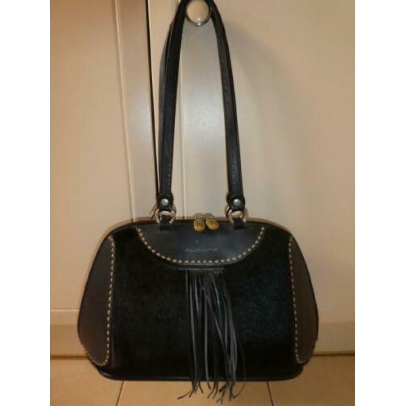 Alaluna zwarte vacht met leer bowler football franjes tas