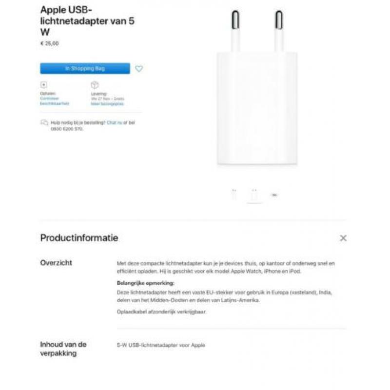 Apple USB-lichtnetadapter van 5 W Nieuw
