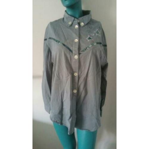 Grijsgroene vintage blouse lange mouwen maat 44 -PI3