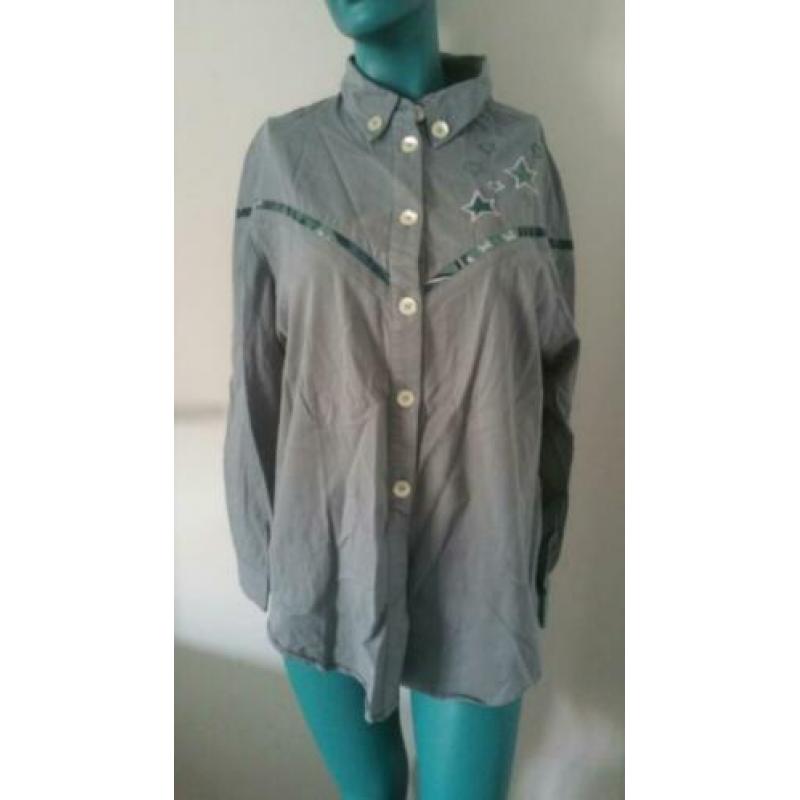 Grijsgroene vintage blouse lange mouwen maat 44 -PI3