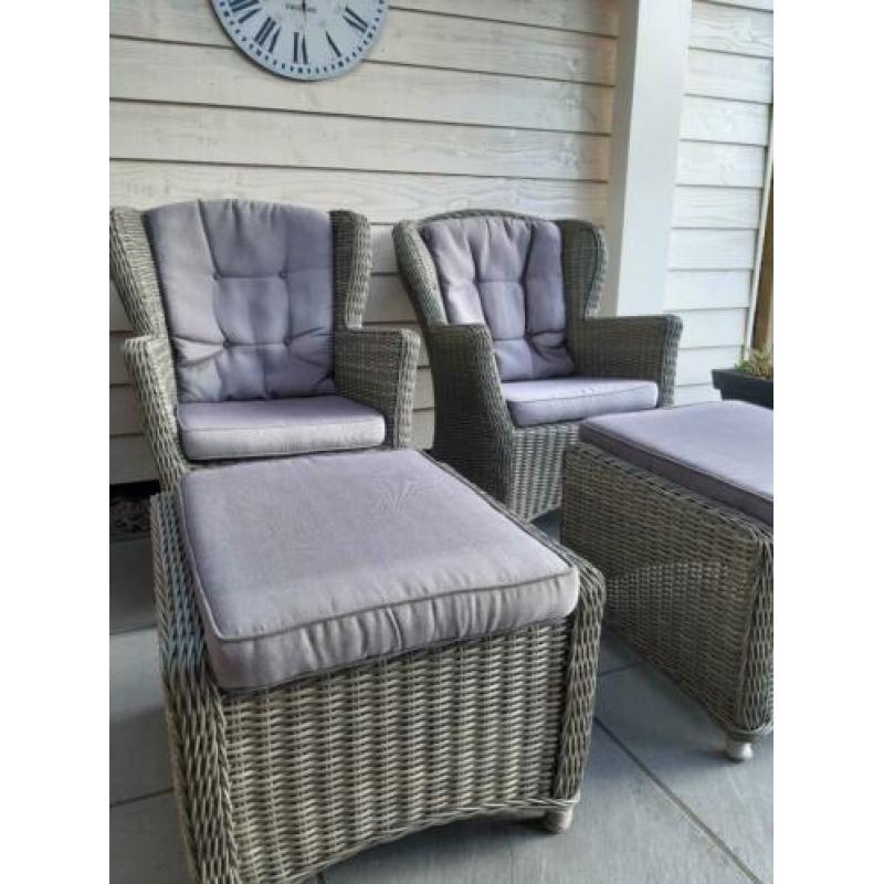 2  wicker tuinstoelen (lounge chairs) met hockers + kussens