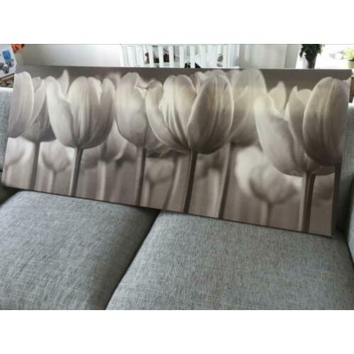 Schilder / canvasdoek tulpen. Taupe / wit / creme.