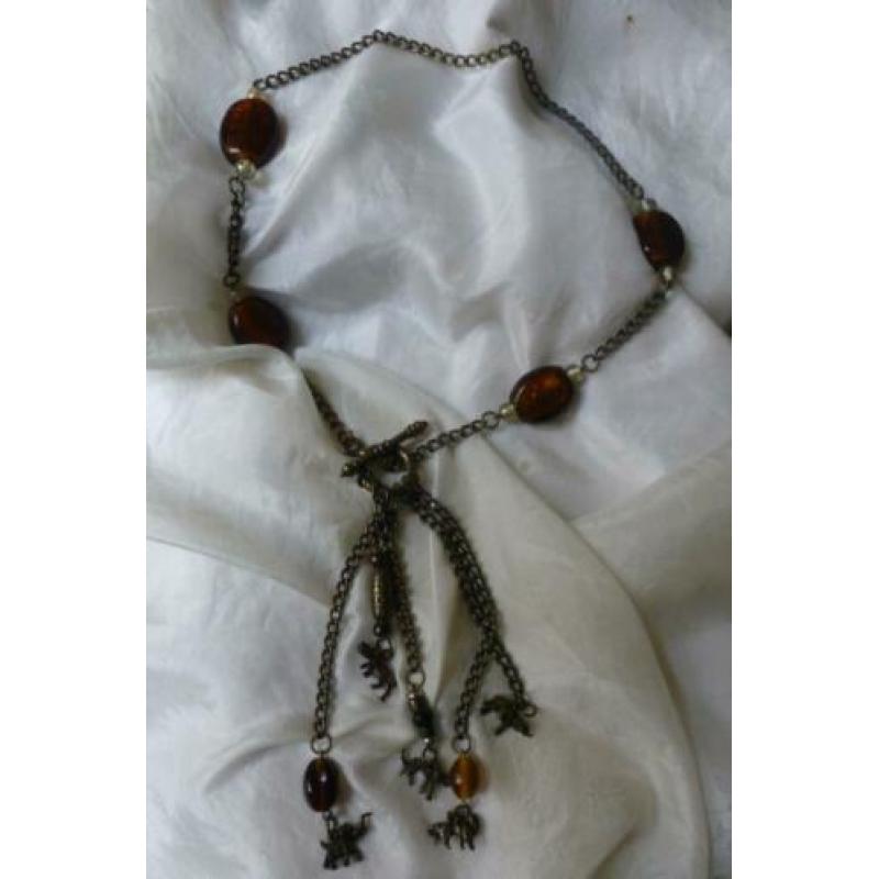 Bronzen Ketting Goldfoil Glas + Bedels wilde dieren Afrika