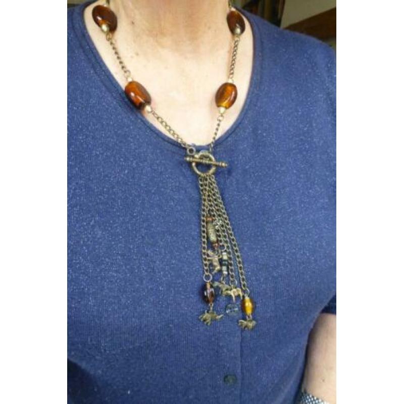 Bronzen Ketting Goldfoil Glas + Bedels wilde dieren Afrika