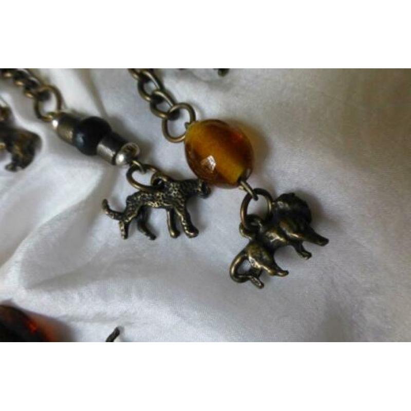 Bronzen Ketting Goldfoil Glas + Bedels wilde dieren Afrika
