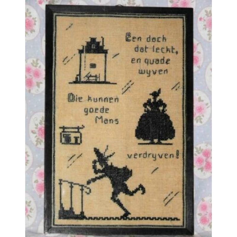 Een dack dat leckt oud geborduurd lijstje schilderij (437)