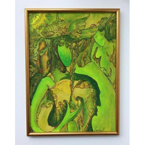 Abstract schilderij op batik Indonesie gesigneerd
