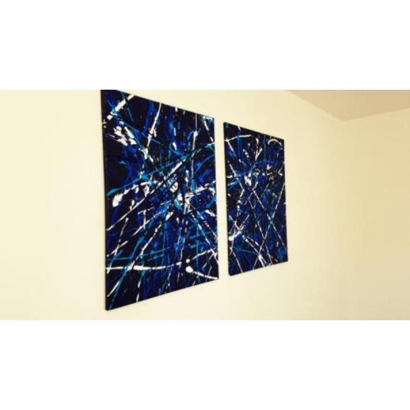 Mooi uniek abstract schilderij, 2 luik in blauw tinten