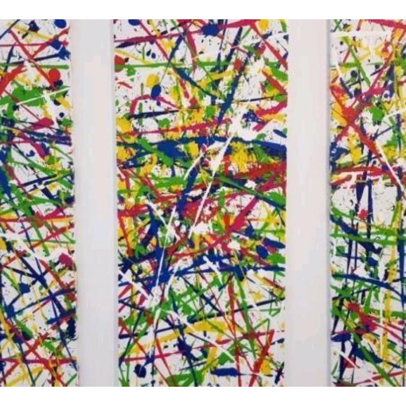 Groot uniek abstract kleurrijk schilderij, 3 luik