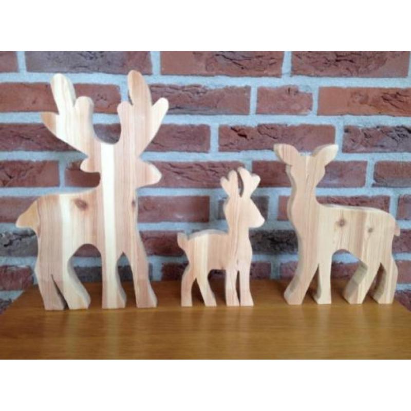 set van 3 dieren, (hert rendier hout kerst decoratie)