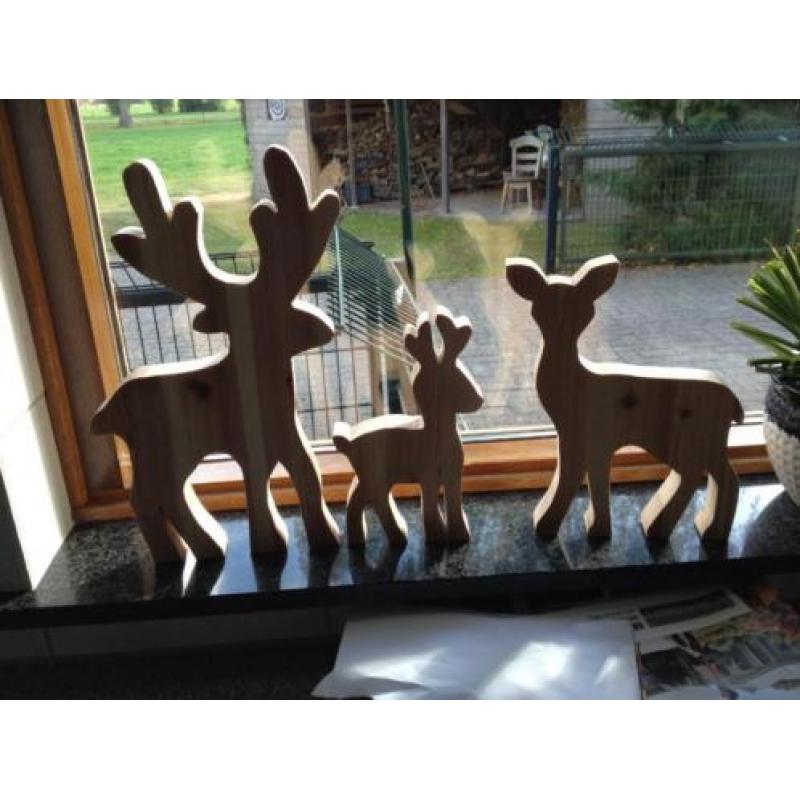 set van 3 dieren, (hert rendier hout kerst decoratie)
