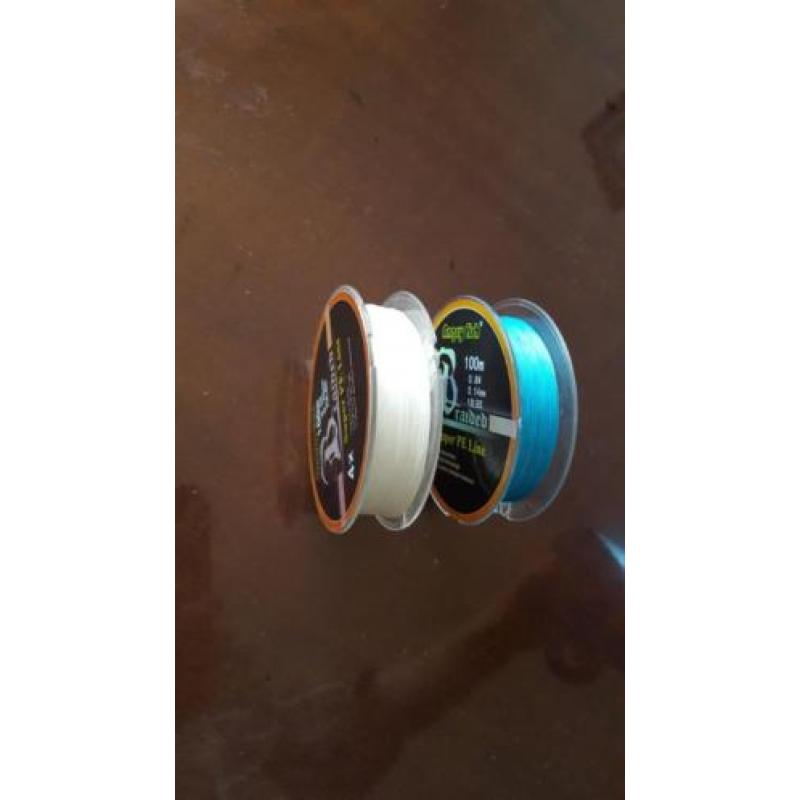 2x sterk 4x gevlochten vis lijn100m lang1x 0,14 en1x 0,28mm
